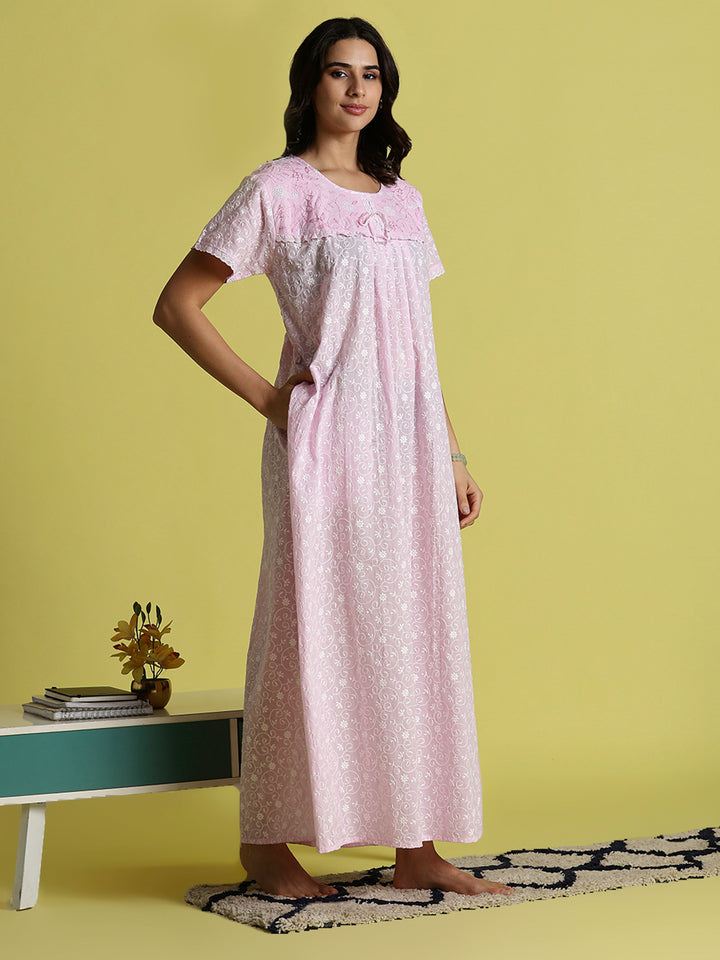 Pink Rose Pure Cotton Chikankari Nighty For Women