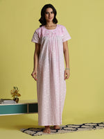 Powder Rose Cotton Chikankari Nighty For Women with Pleats and Side Pocket