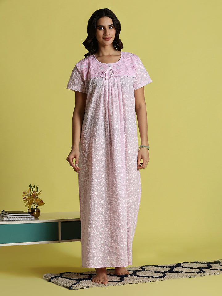 Pink Rose Pure Cotton Chikankari Nighty For Women