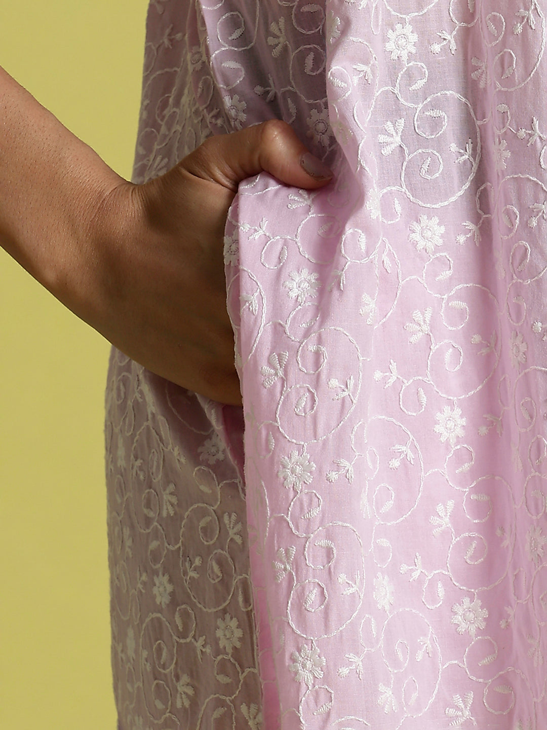 Pink Rose Pure Cotton Chikankari Nighty For Women