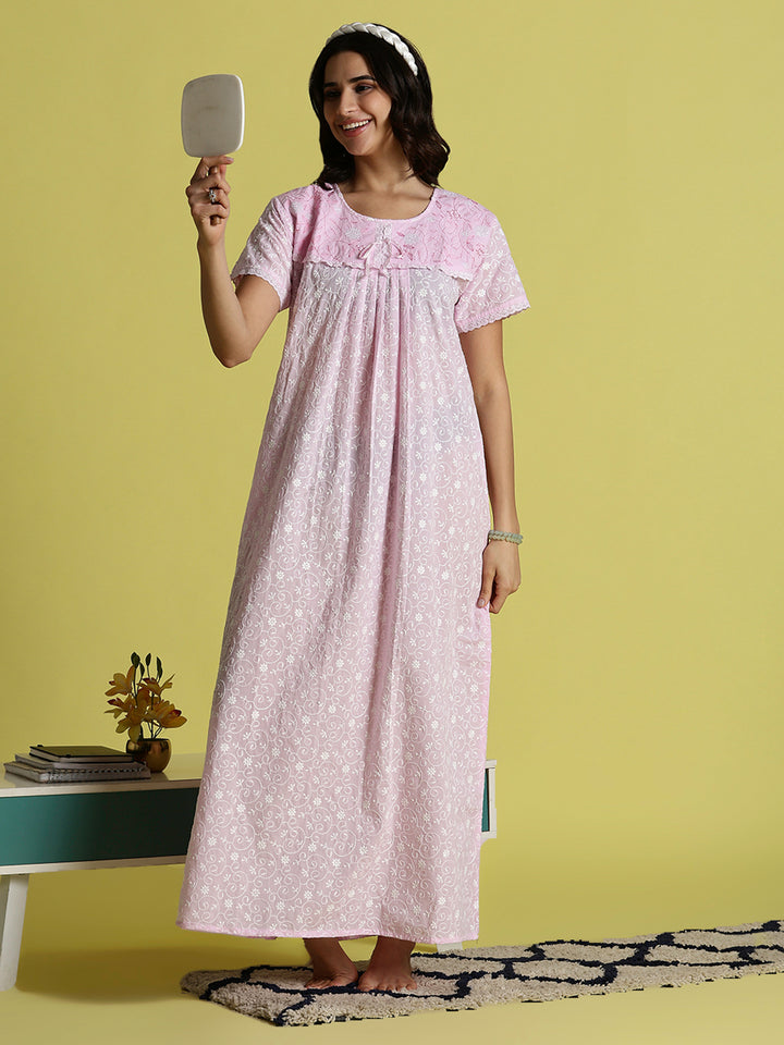 Pink Rose Pure Cotton Chikankari Nighty For Women