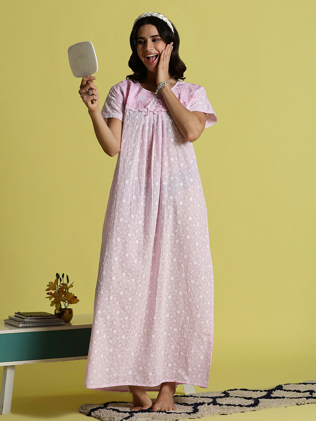 Pink Rose Pure Cotton Chikankari Nighty For Women