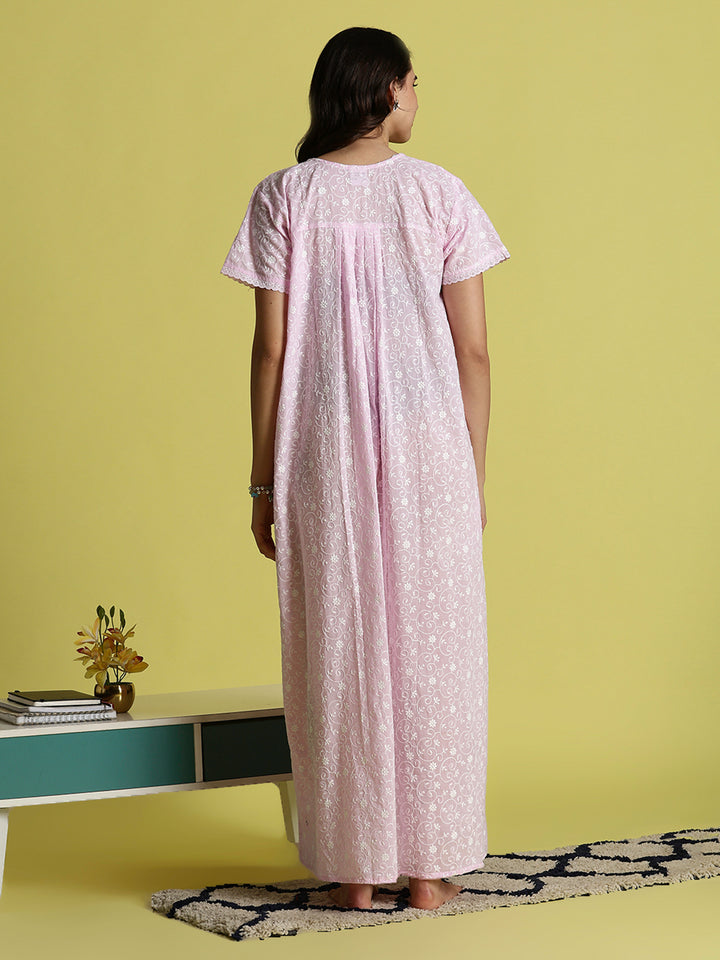 Pink Rose Pure Cotton Chikankari Nighty For Women