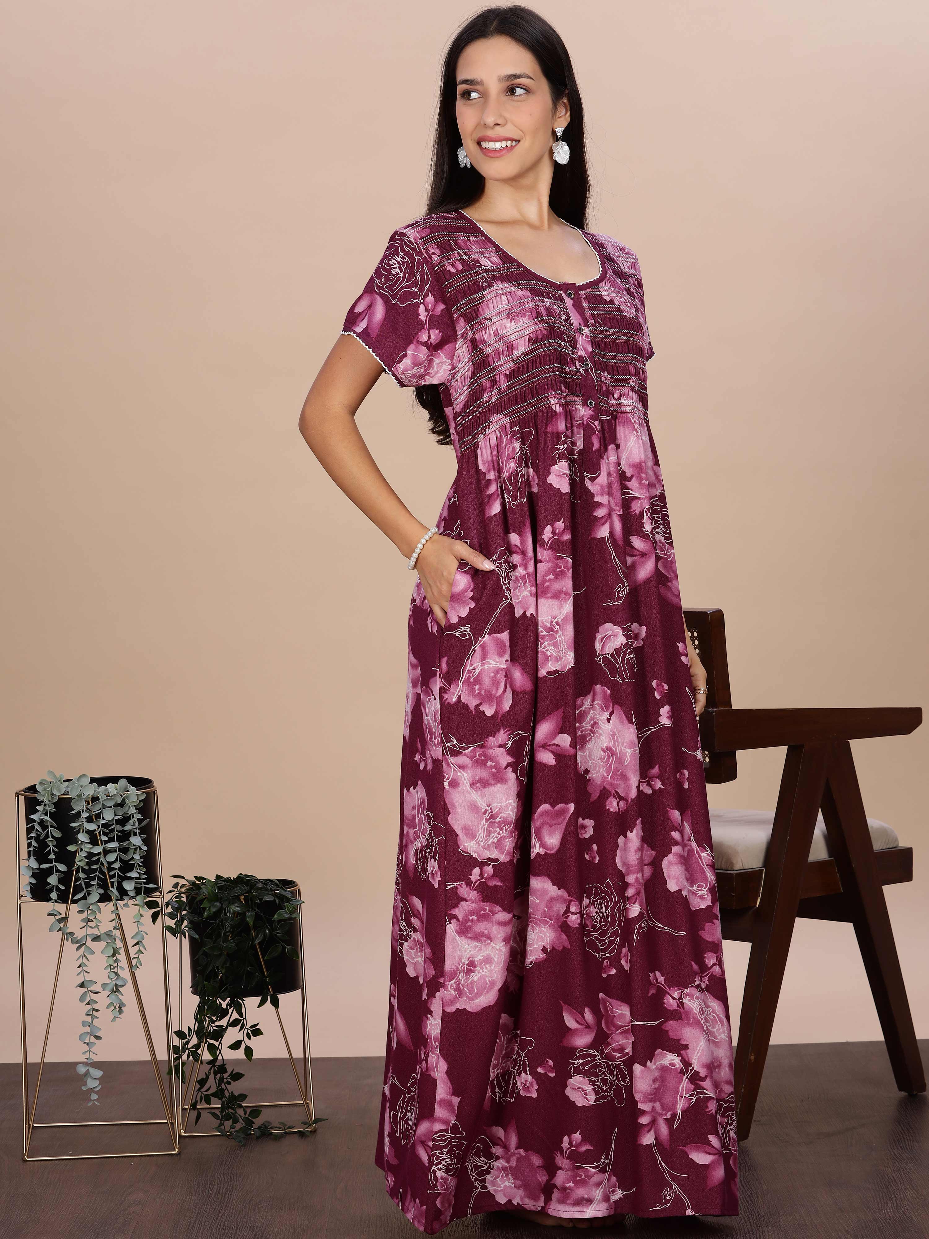 Shop Purple Rose Floral Smocking Nighty for Women Online – 9shines label
