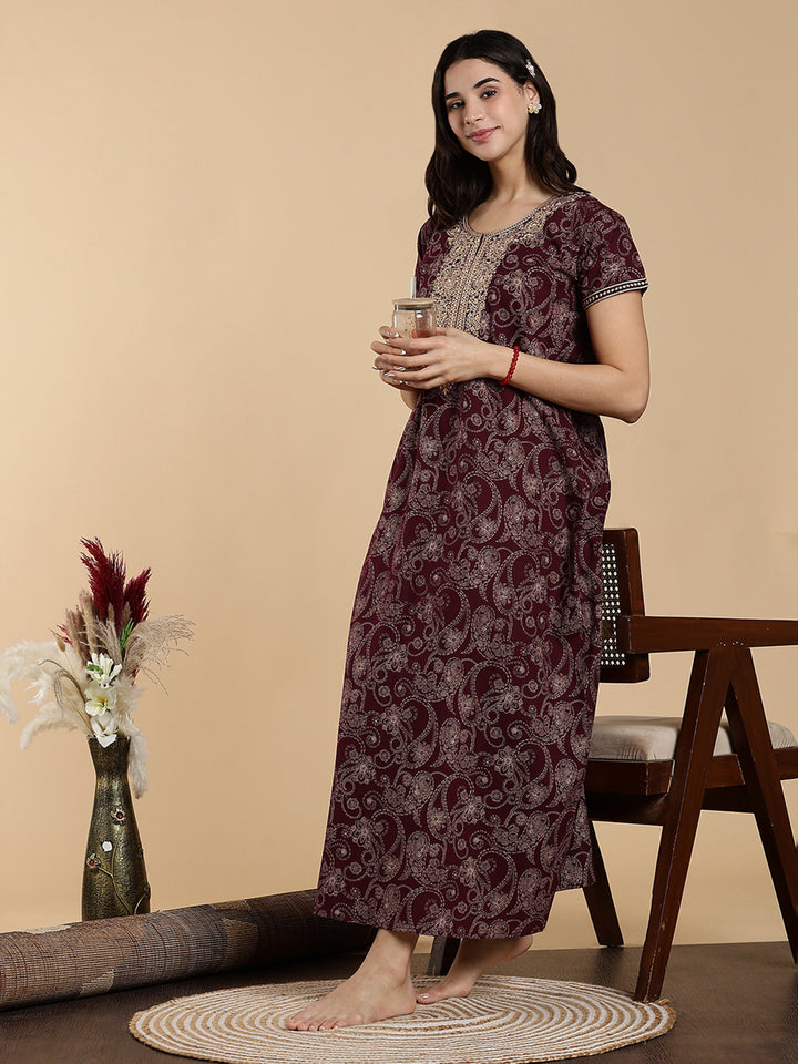 Festive Purple Shine Jaipuri Cotton Nighty for Women
