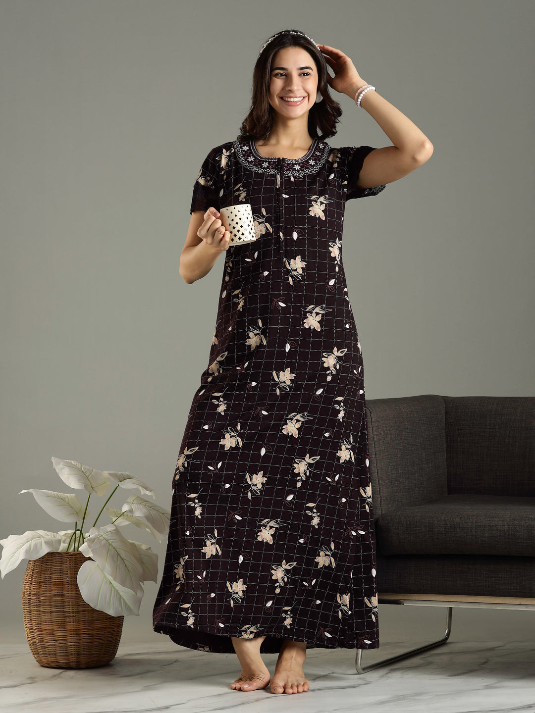 Purple Floral Hosiery Cotton Front Zip Feeding Night dress