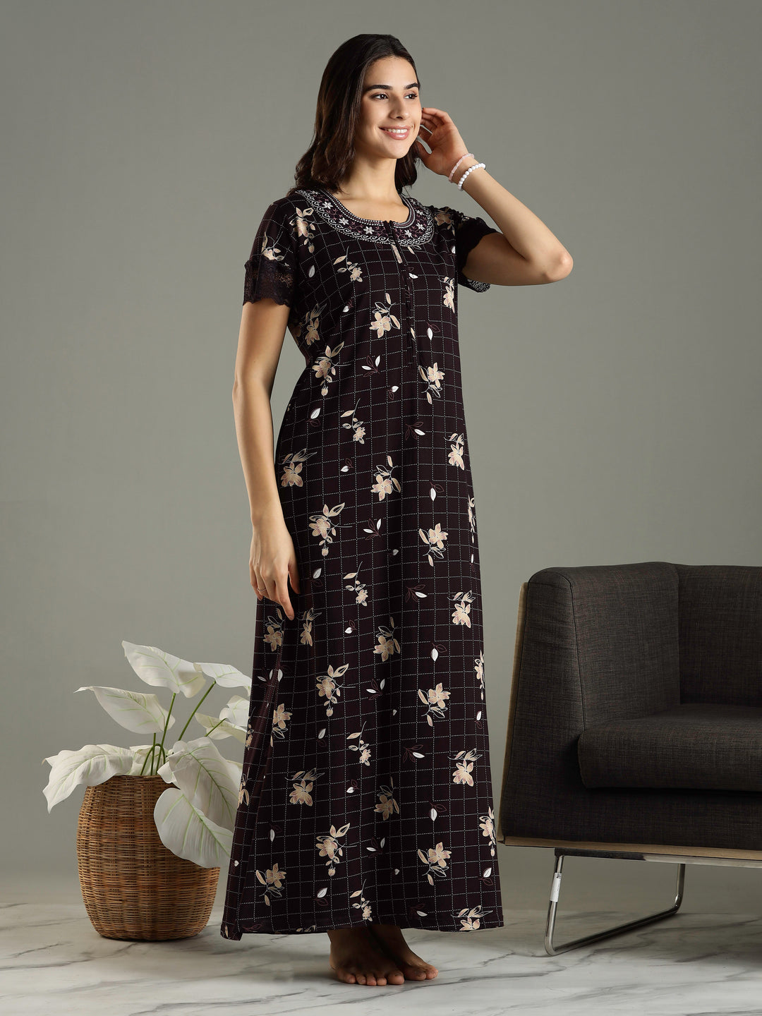 Purple Floral Hosiery Cotton Front Zip Feeding Night dress