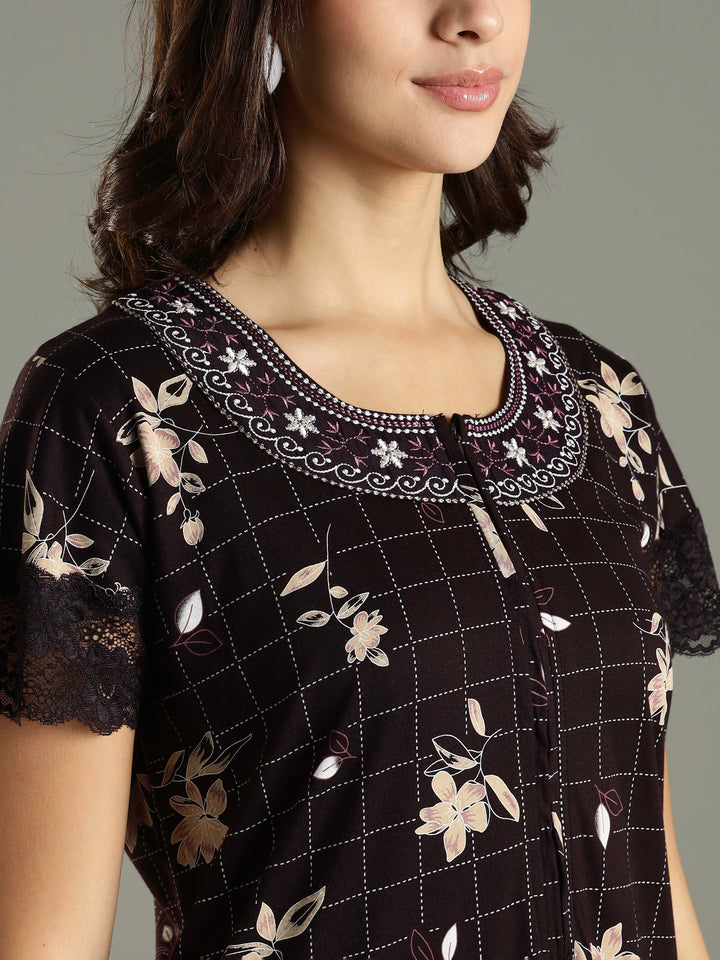 Purple Floral Hosiery Cotton Front Zip Feeding Night dress