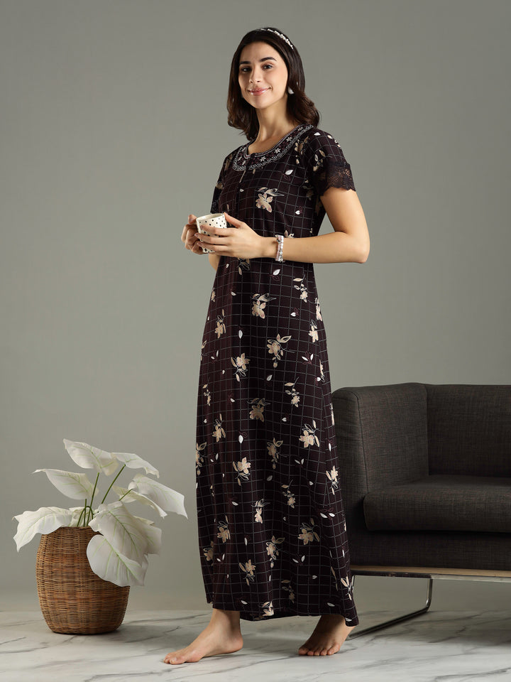 Purple Floral Hosiery Cotton Front Zip Feeding Night dress