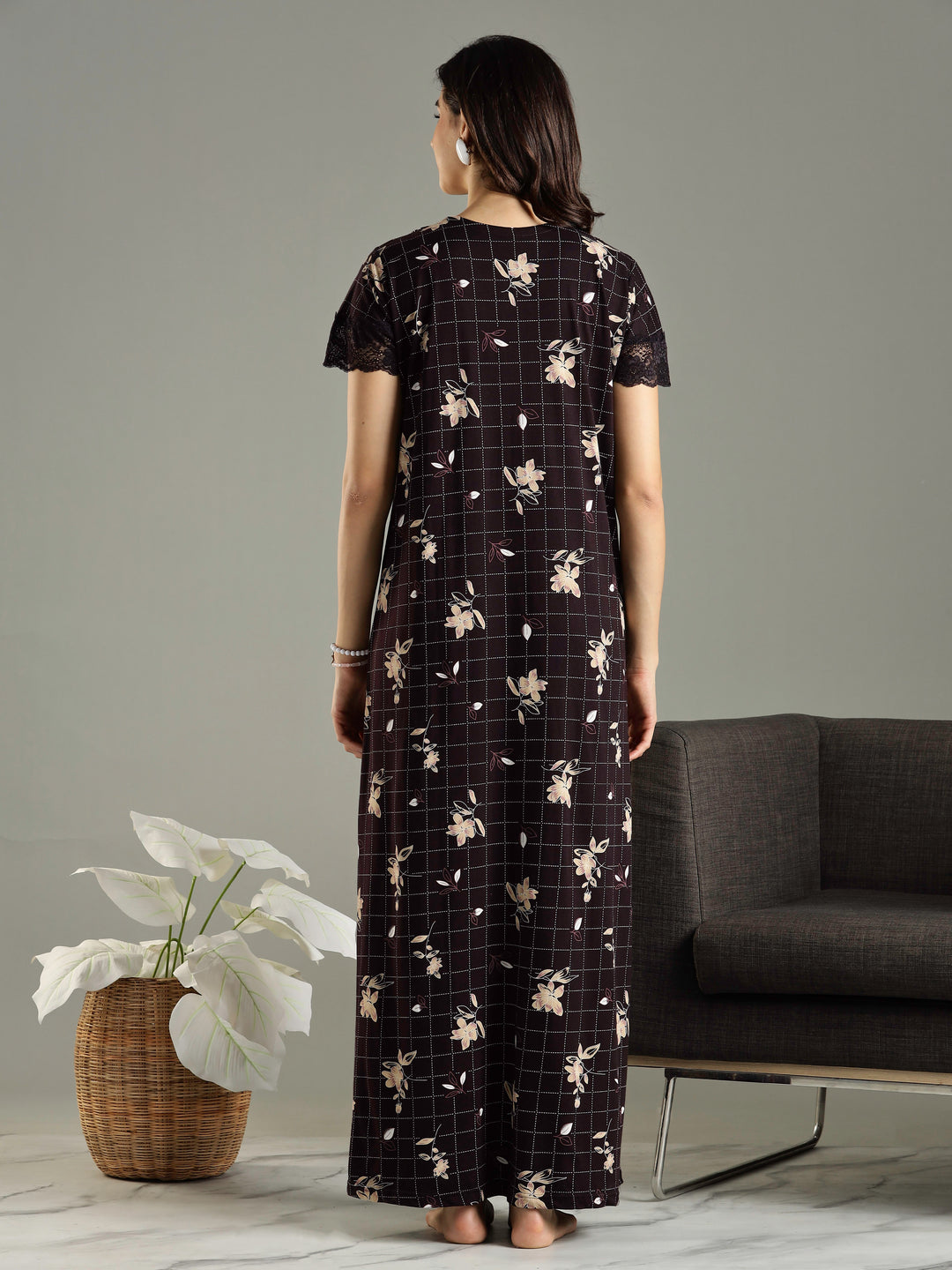 Purple Floral Hosiery Cotton Front Zip Feeding Night dress