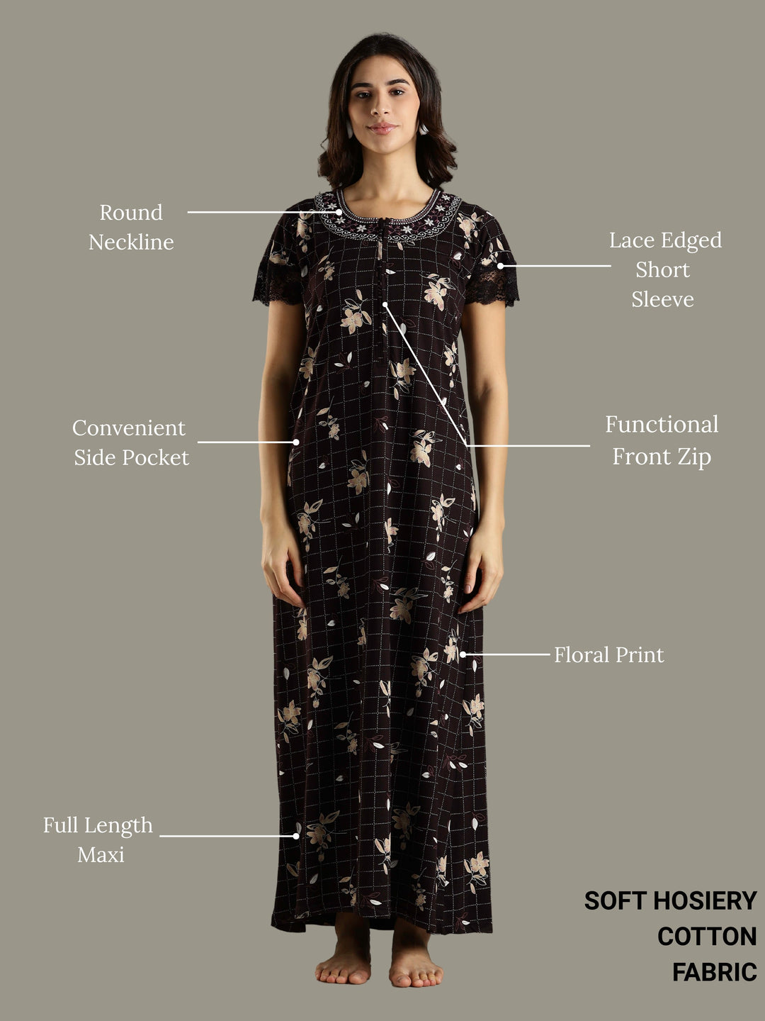 Purple Floral Hosiery Cotton Front Zip Feeding Night dress