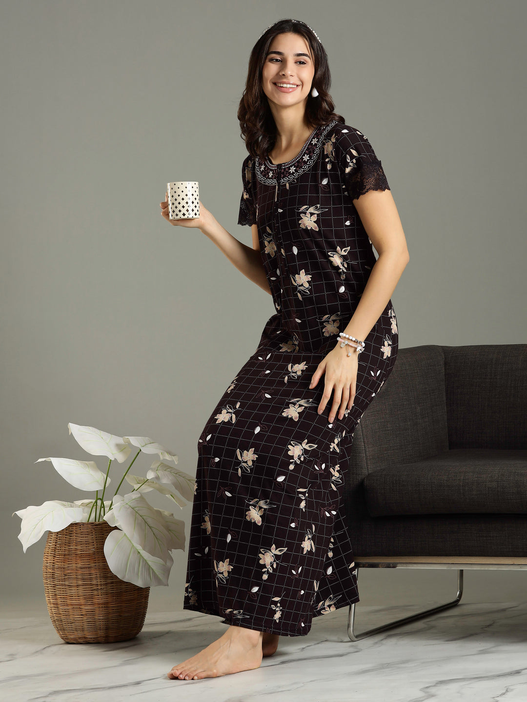 Purple Floral Hosiery Cotton Front Zip Feeding Night dress