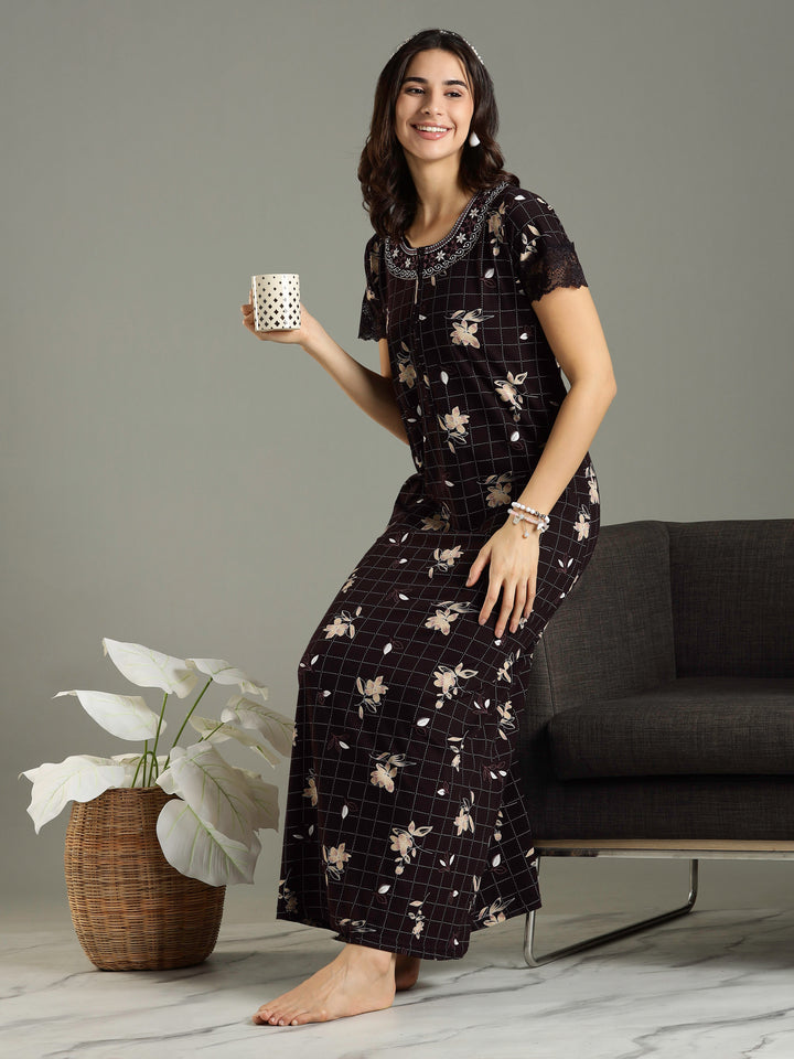 Purple Floral Hosiery Cotton Front Zip Feeding Night dress