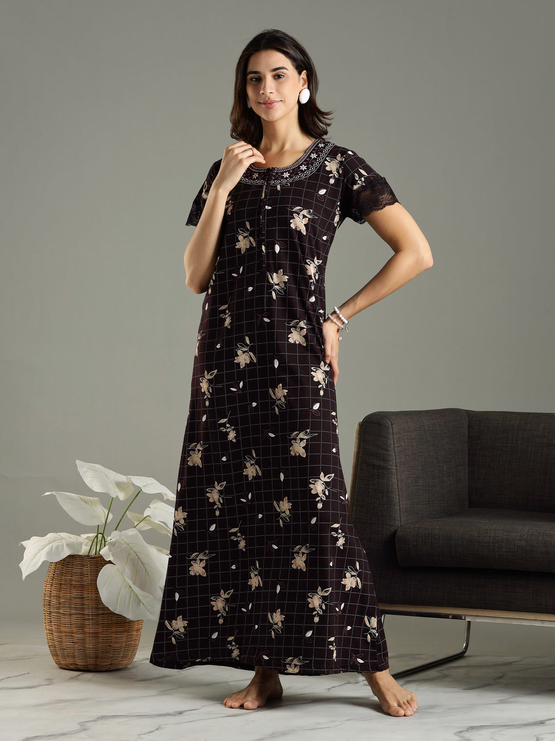 Purple Floral Hosiery Cotton Front Zip Feeding Night dress