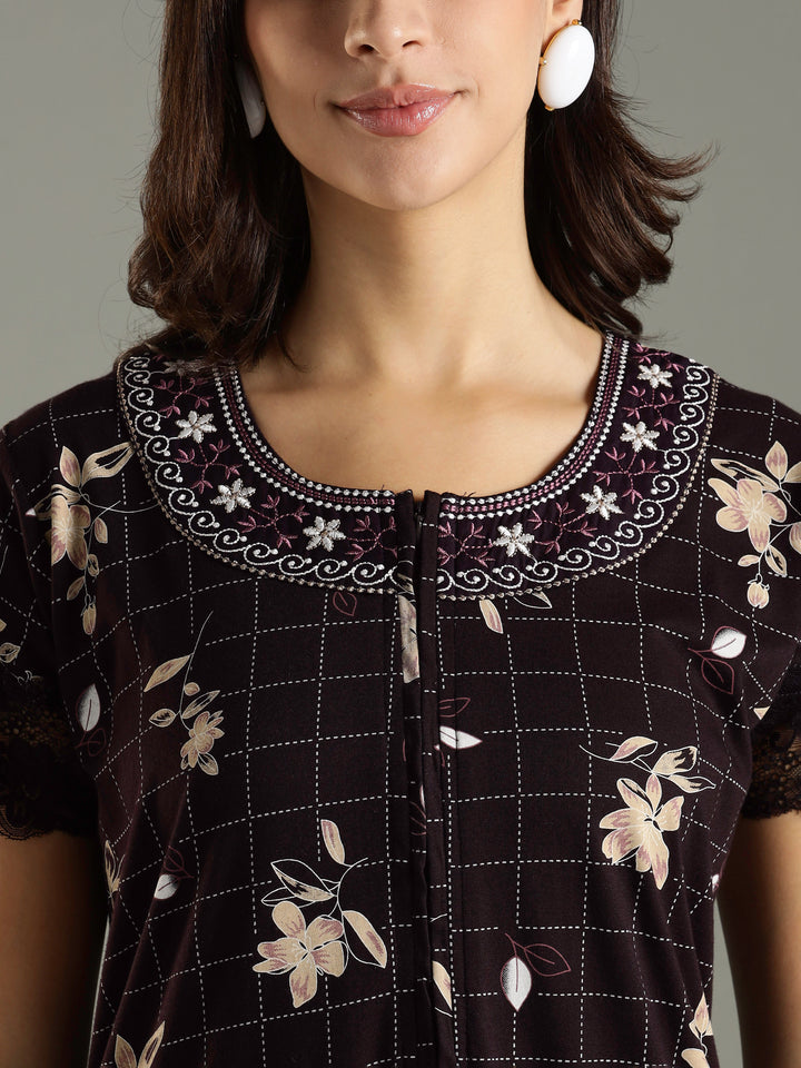 Purple Floral Hosiery Cotton Front Zip Feeding Night dress