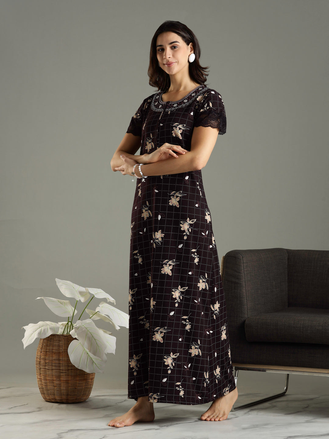 Purple Floral Hosiery Cotton Front Zip Feeding Night dress