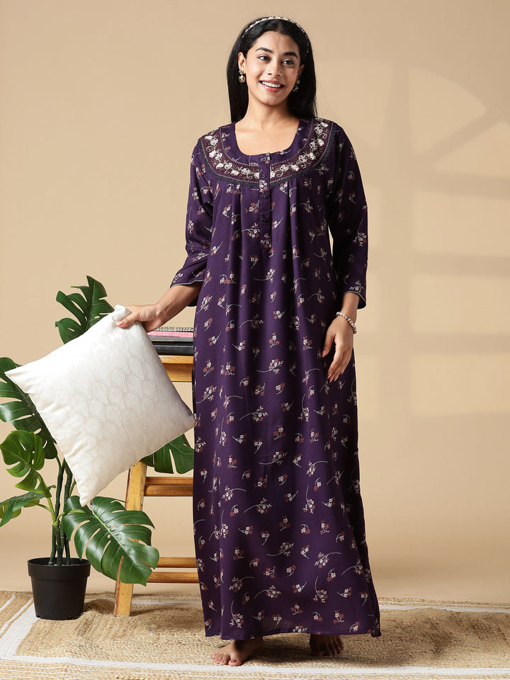 Purple Floral Front Open Nighty with Embroidery and Pocket