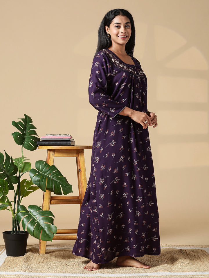 Purple Floral Front Open Nighty with Embroidery and Pocket