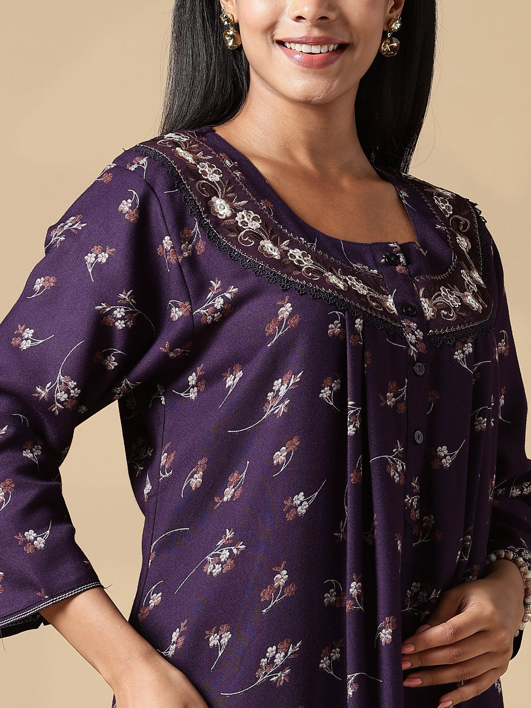 Purple Floral Front Open Nighty with Embroidery and Pocket