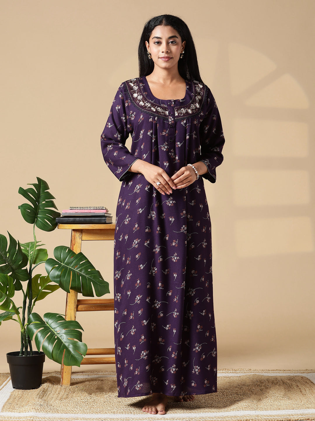 Purple Floral Front Open Nighty with Embroidery and Pocket