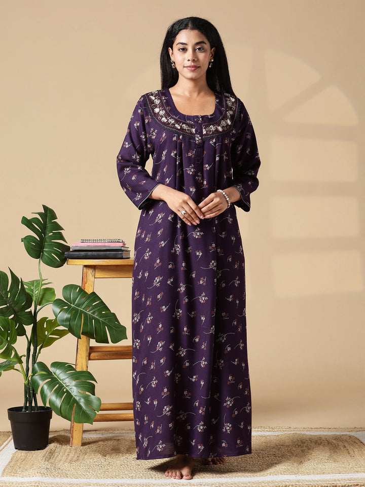 Purple Floral Front Open Nighty with Embroidery and Pocket