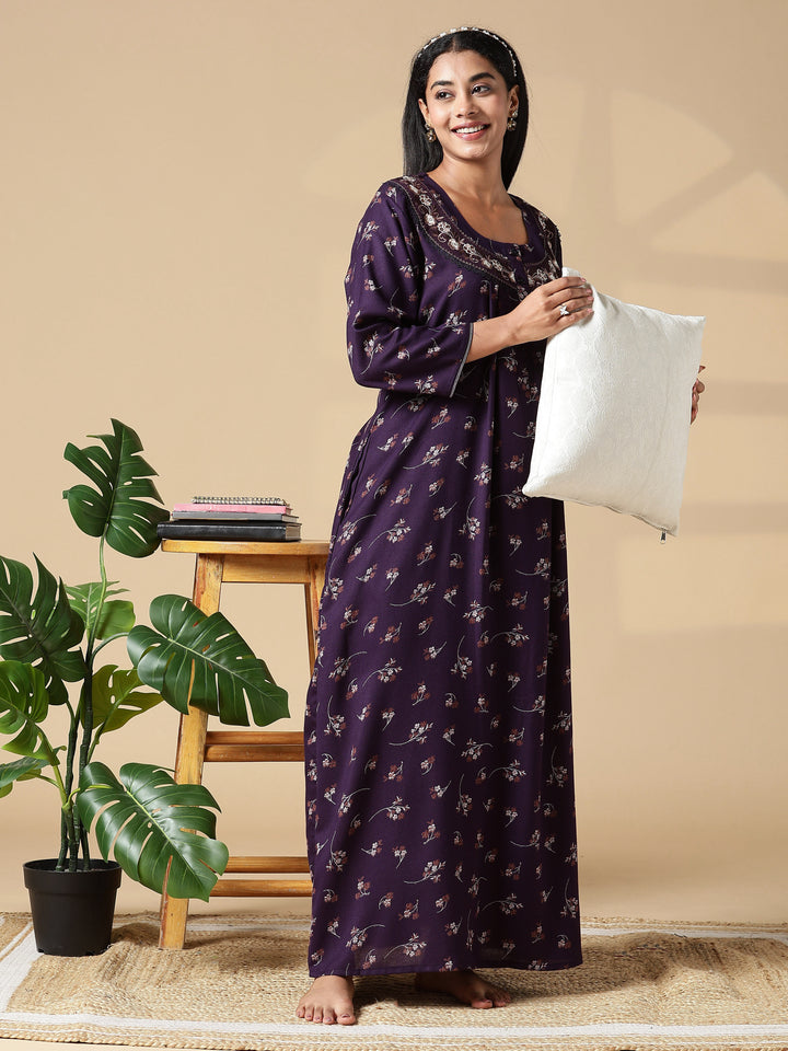 Purple Floral Front Open Nighty with Embroidery and Pocket