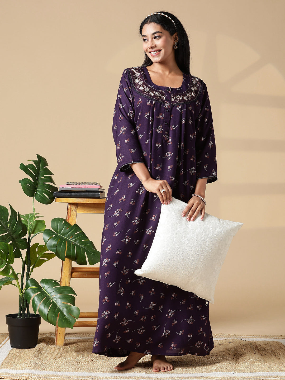 Purple Floral Front Open Nighty with Embroidery and Pocket