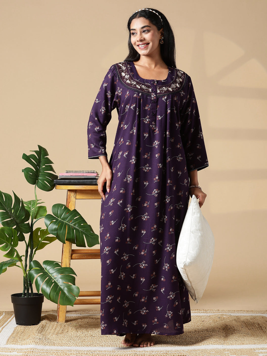 Purple Floral Front Open Nighty with Embroidery and Pocket