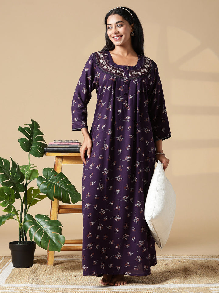 Purple Floral Front Open Nighty with Embroidery and Pocket