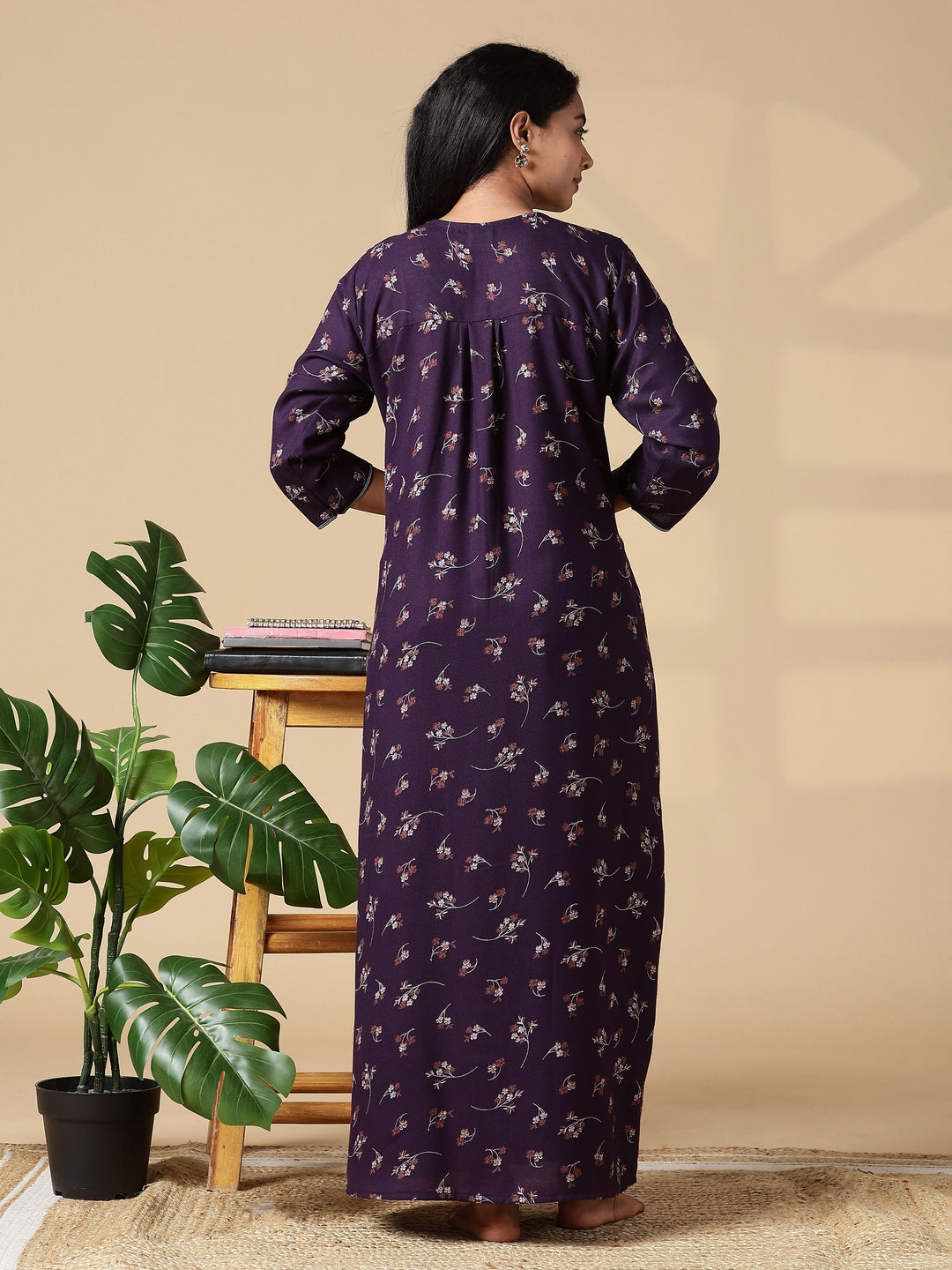 Purple Floral Front Open Nighty with Embroidery and Pocket