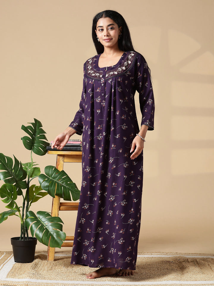 Purple Floral Front Open Nighty with Embroidery and Pocket