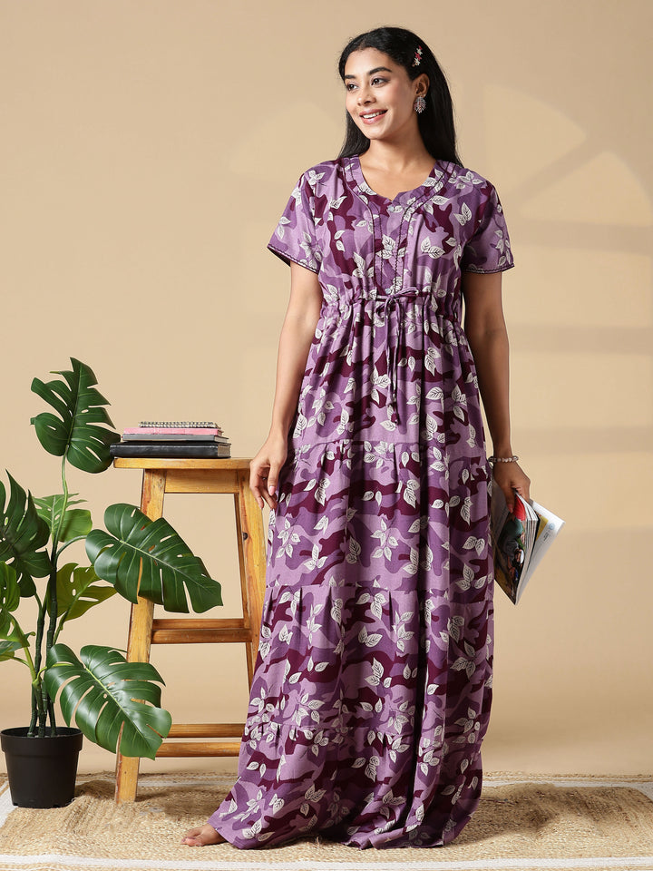 Purple Front Open Nighty for Women in Leaf Camouflage Print