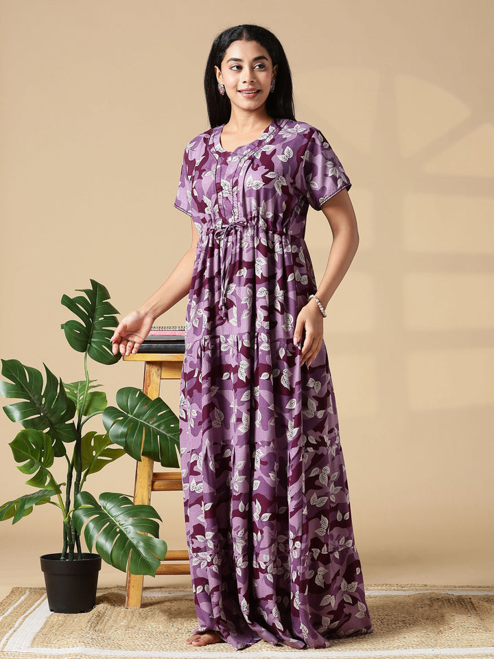 Purple Front Open Nighty for Women in Leaf Camouflage Print