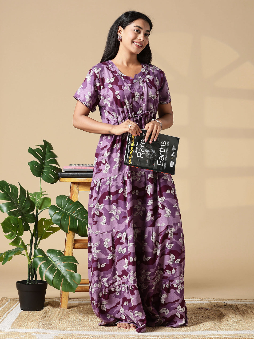 Purple Front Open Nighty for Women in Leaf Camouflage Print