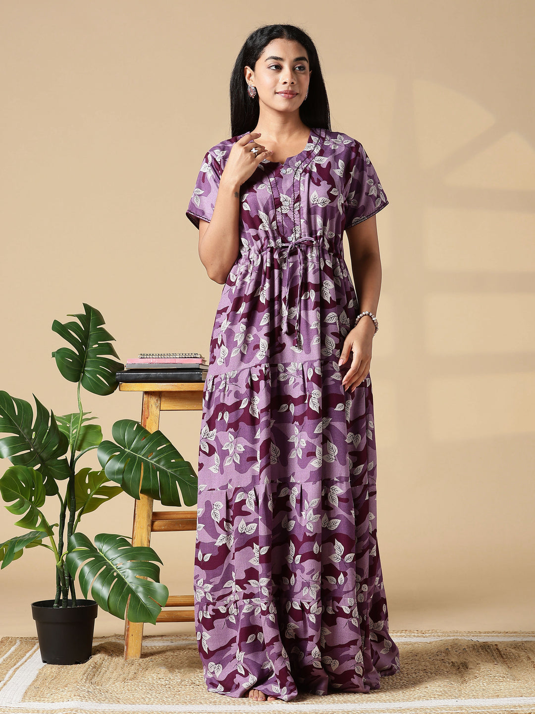 Purple Front Open Nighty for Women in Leaf Camouflage Print