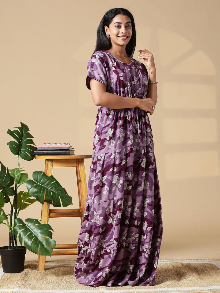 Purple Front Open Nighty for Women in Leaf Camouflage Print
