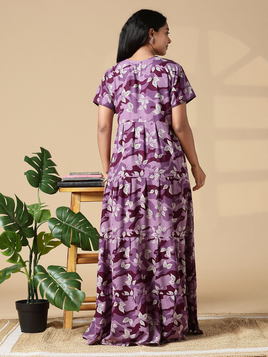 Purple Front Open Nighty for Women in Leaf Camouflage Print