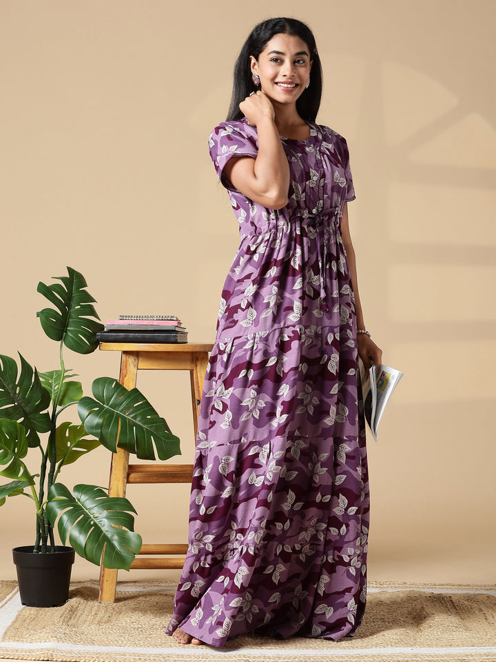 Purple Front Open Nighty for Women in Leaf Camouflage Print