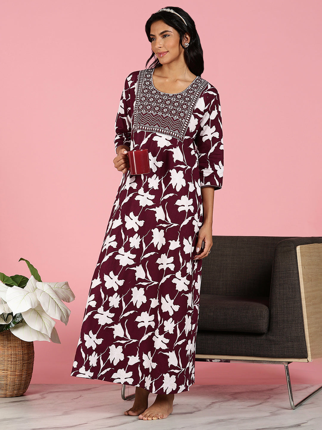 Purple Jaipuri Pure Cotton Nighty for Women With Embroidery