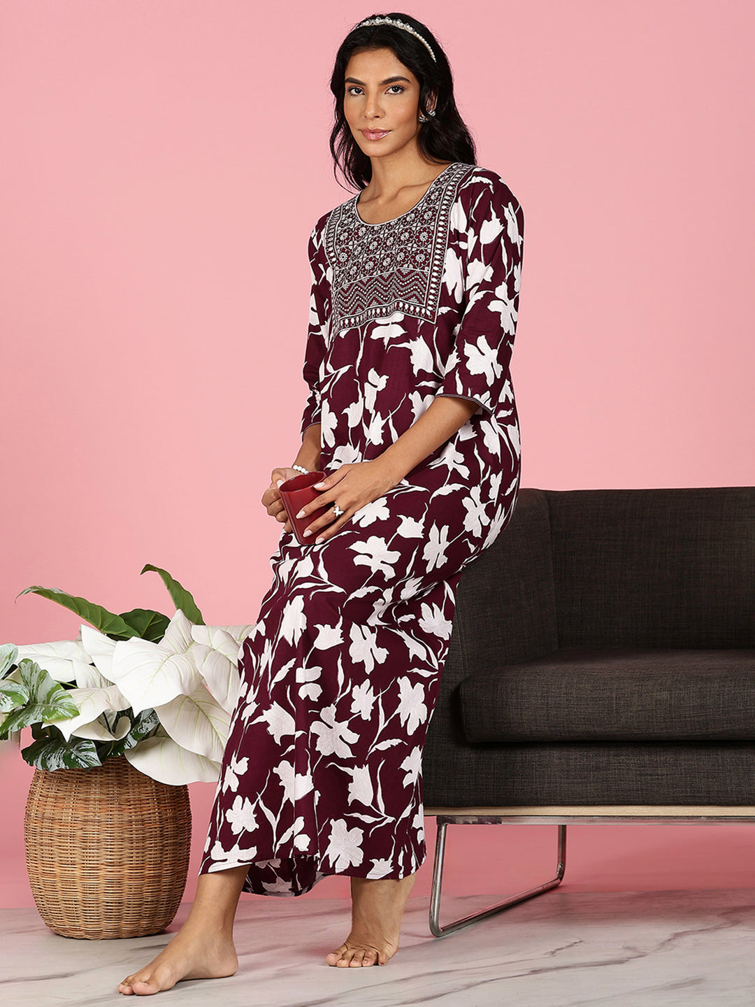 Purple Jaipuri Pure Cotton Nighty for Women With Embroidery