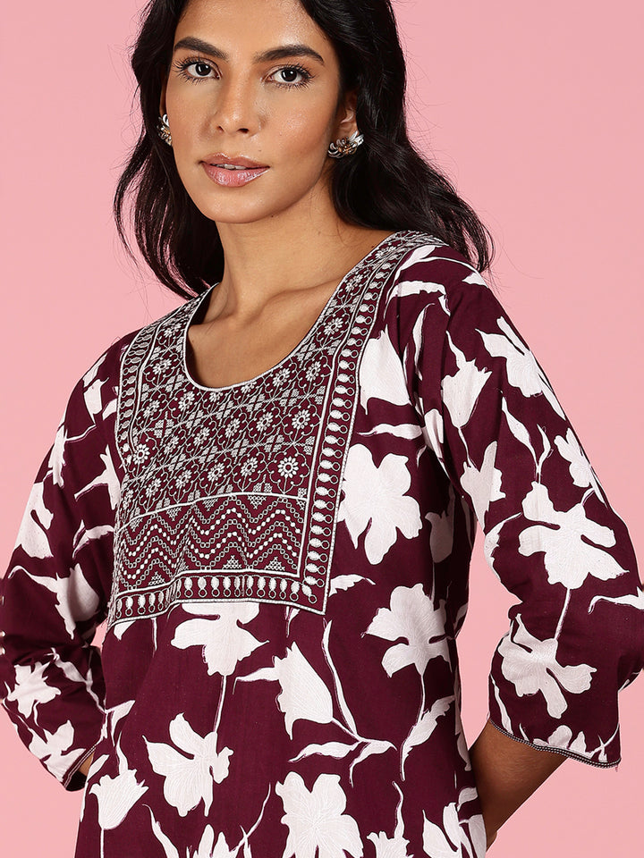 Purple Jaipuri Pure Cotton Nighty for Women With Embroidery