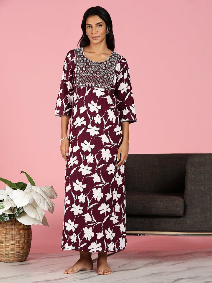 Purple Jaipuri Pure Cotton Nighty for Women With Embroidery