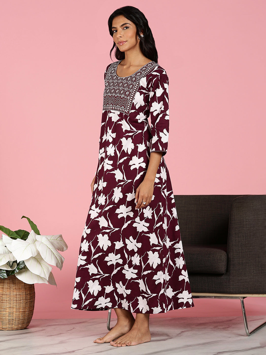 Purple Jaipuri Pure Cotton Nighty for Women With Embroidery