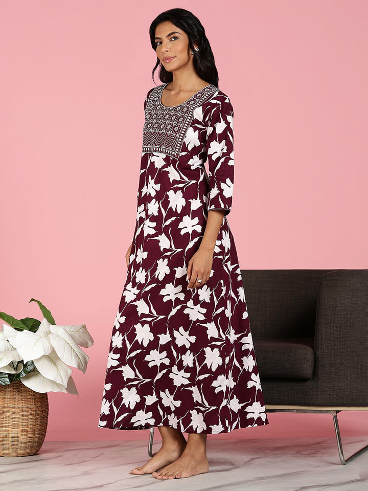 Purple Jaipuri Pure Cotton Nighty for Women With Embroidery