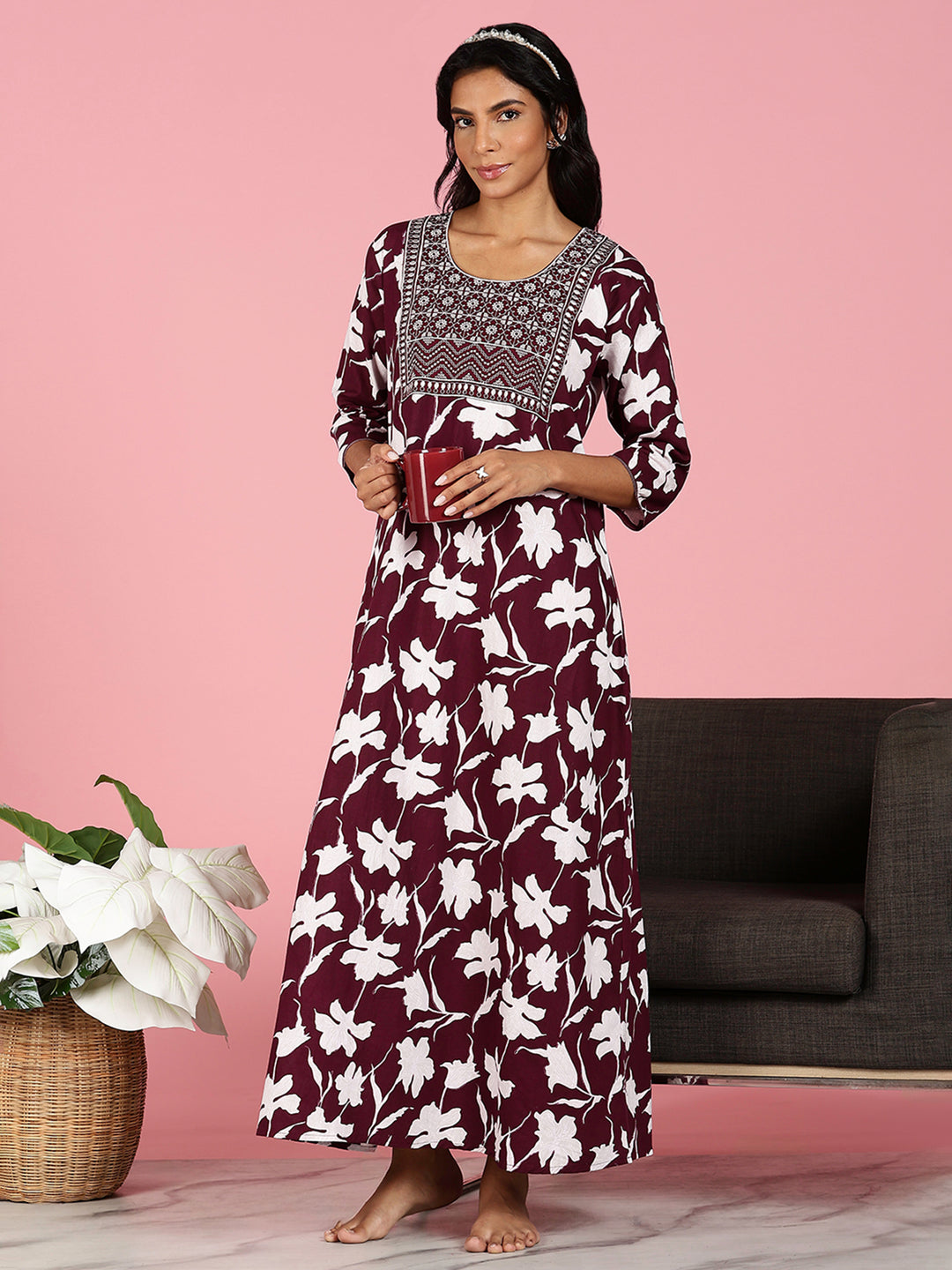 Purple Jaipuri Pure Cotton Nighty for Women With Embroidery