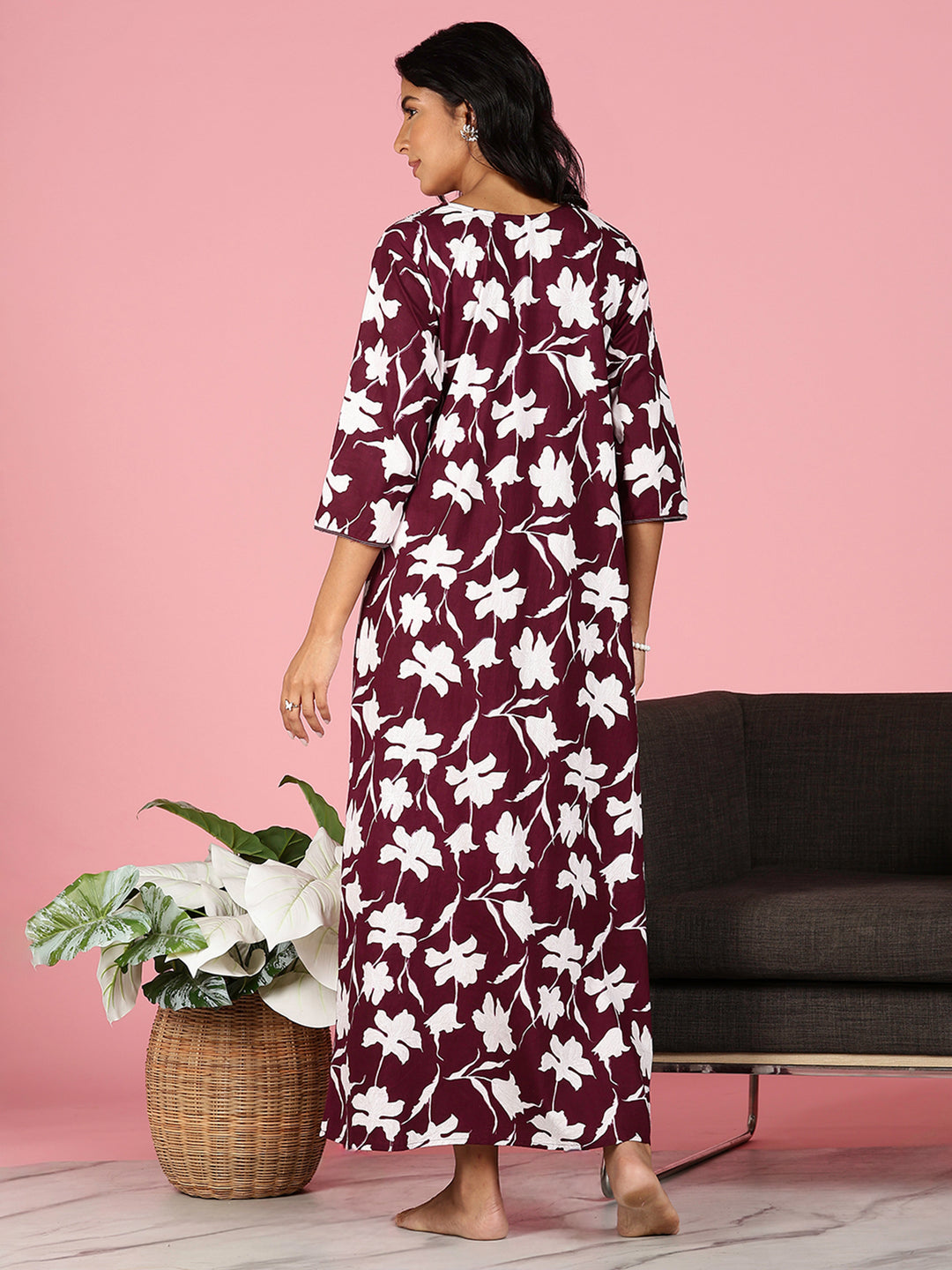 Purple Jaipuri Pure Cotton Nighty for Women With Embroidery