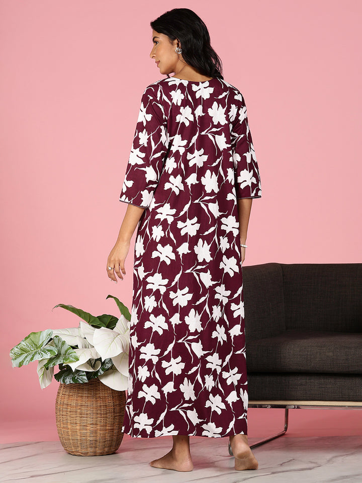 Purple Jaipuri Pure Cotton Nighty for Women With Embroidery