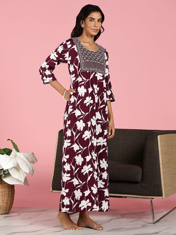 Purple Jaipuri Pure Cotton Nighty for Women With Embroidery