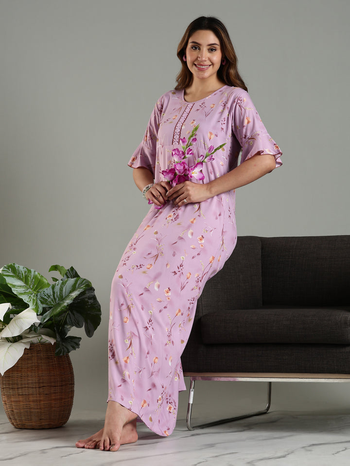 Rayon Fabric Light Purple Floral Print Ladies Nighty Dress