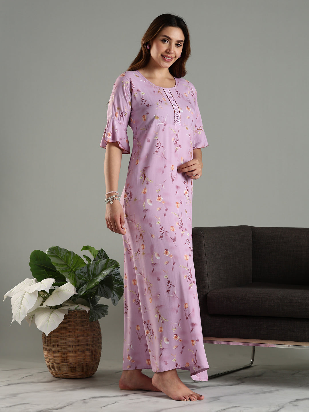 Rayon Fabric Light Purple Floral Print Ladies Nighty Dress